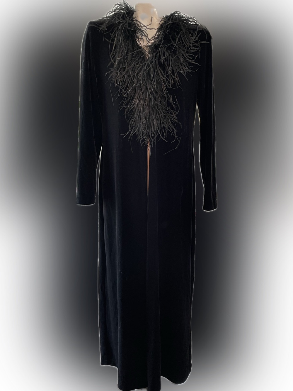 Patra Vintage Patra Black Velvet Long Robe with Ostrich Feather Trim